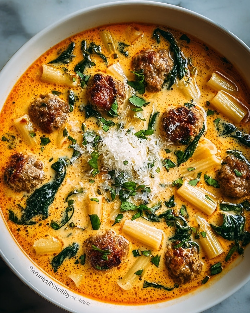 The image shows a close-up of a white bowl filled with creamy orange soup layered with small browned meatballs scattered throughout. Within the soup, short tubular pasta pieces float alongside wilted dark green spinach leaves. The soup surface is dotted with oil droplets and finely chopped fresh green herbs, while a small pile of grated white cheese sits in the center, melting slightly into the warm liquid. The bowl is placed on a white marbled surface, emphasizing the rich colors and textures of the dish. photo taken with an iphone --ar 4:5 --v 7