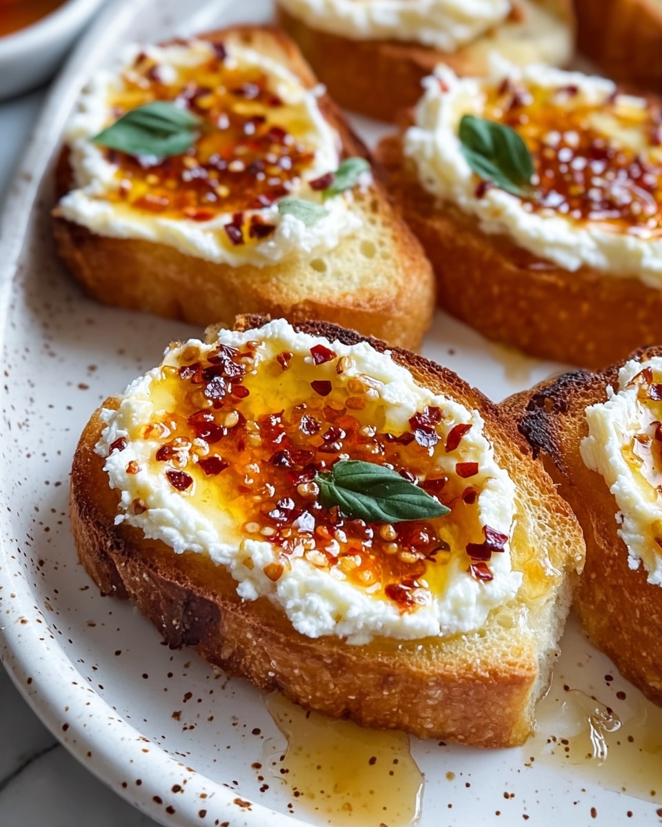 A close-up view of toasted bread slices arranged on a white plate with speckled brown spots, each slice topped with one thick layer of creamy white cheese spread. On top of the cheese are dollops of bright golden-yellow honey and red chili flakes mixed together, giving a shiny and textured look. Small fresh green basil leaves are placed as a garnish, adding contrast. The toasted bread edges are golden brown with a slightly crispy texture, and some honey drops have fallen onto the plate around the toasts. The setting is on a white marbled surface. photo taken with an iphone --ar 4:5 --v 7