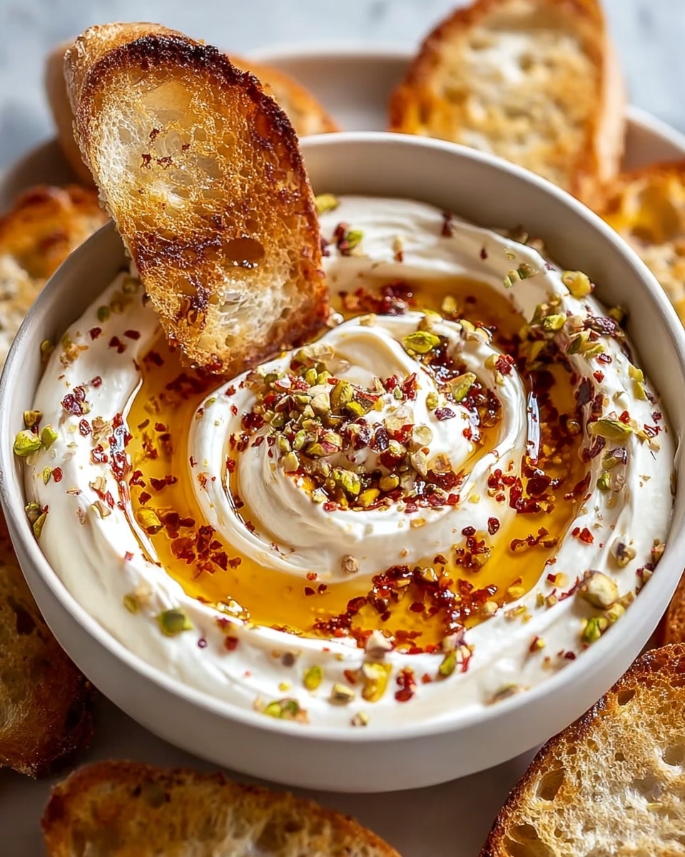 A white bowl filled with a thick layer of smooth white cream spread evenly in a circular motion, topped with a golden amber syrup drizzled in a spiral shape, sprinkled with crushed red chili flakes and small green pistachio pieces scattered across the surface. A toasted piece of bread is dipped into the cream on the left side of the bowl. The bowl sits on a white marbled surface with some toasted bread slices around it. Photo taken with an iphone --ar 4:5 --v 7