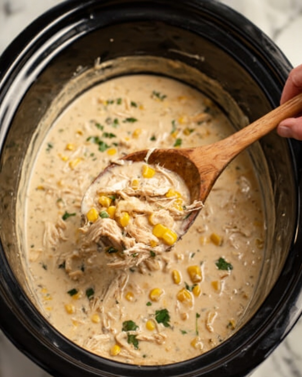 The image shows a slow cooker filled with a creamy stew-like dish. The stew has a light beige color and is thick with visible shredded chicken, corn kernels, and small green herbs scattered throughout. A woman's hand is holding a wooden spoon that is scooping some of the stew, showing the rich texture and mix of ingredients. The slow cooker is black, and it sits on a white marbled surface. photo taken with an iphone --ar 4:5 --v 7