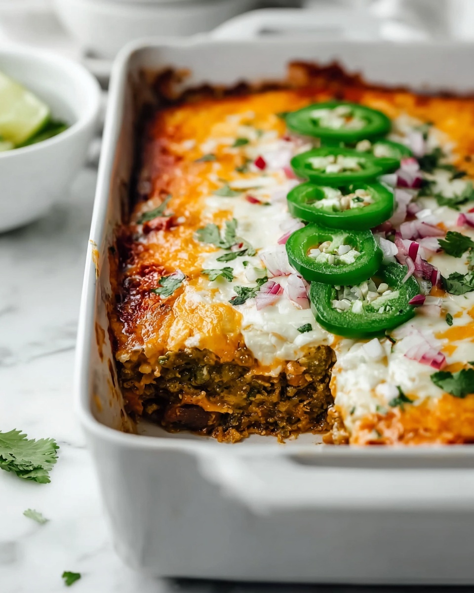 A close-up view of a baked casserole in a white baking dish showing multiple layers; the bottom layer is a mix of green and brown vegetables or beans, topped by a thick layer of melted orange and white cheese with a slightly browned crust on the edges. On top of the cheese, there are slices of bright green jalapeño peppers arranged in a straight line, along with small pieces of diced red onion scattered around and fresh chopped cilantro sprinkled over everything. The baking dish sits on a white marbled surface with some blurred white bowls and a lime wedge visible in the background. Photo taken with an iphone --ar 4:5 --v 7