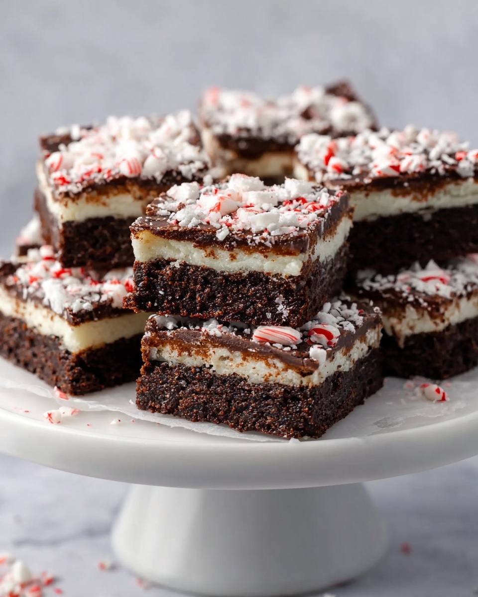 A white cake stand holds a stack of square peppermint brownie pieces arranged in a small pile. Each piece has three distinct layers: the bottom dark brown fudgy brownie layer, a middle white creamy layer, and a top thin chocolate layer sprinkled with crushed white and red peppermint candy bits. The brownies’ edges show the soft texture of the layers, with the white peppermint candy pieces scattered unevenly on top, adding a crunchy texture look. The background is a white marbled texture that softly contrasts with the dark and light layers of the brownies. Photo taken with an iphone --ar 4:5 --v 7
