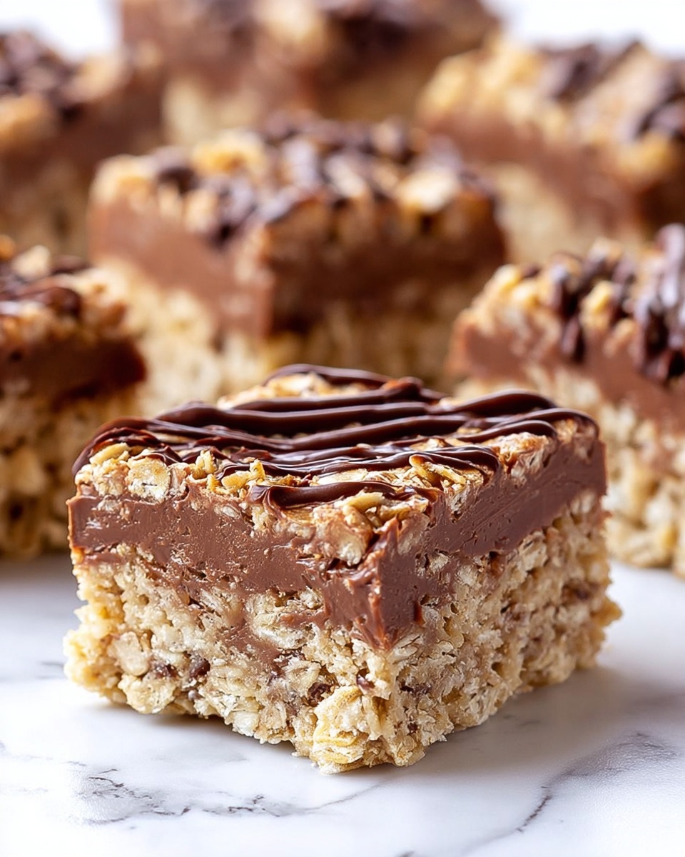 The image shows a close-up of a square dessert bar with three visible layers. The bottom layer is crumbly and light brown with oats and small chocolate pieces, giving a rough texture. The middle layer is thick, smooth, and chocolatey, darker brown in color, and looks creamy. The top layer is again crumbly and oat-filled, light brown, matching the bottom but more textured with some drizzled dark chocolate lines on top. There are many similar squares in the background on a white marbled surface. photo taken with an iphone --ar 4:5 --v 7