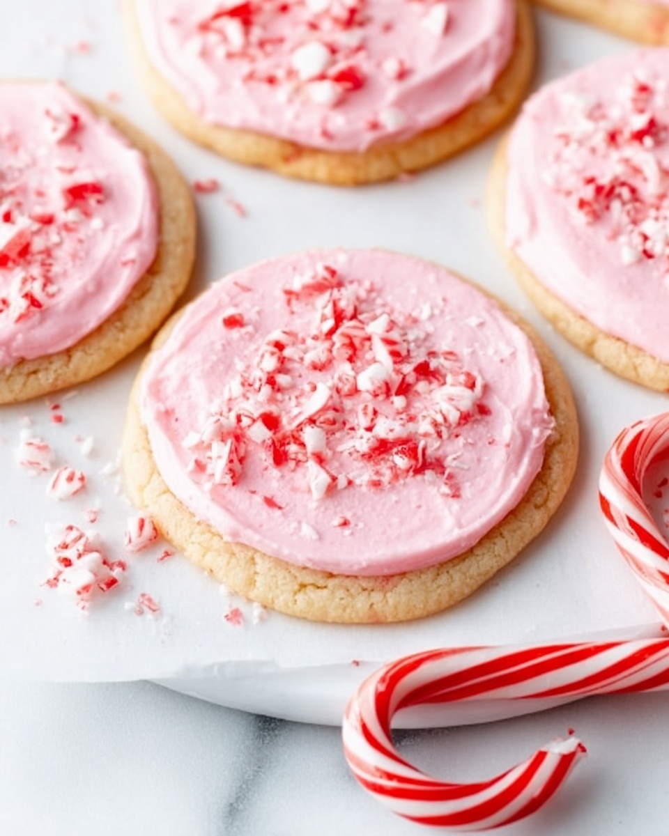 The image shows several round cookies on a white marbled surface. Each cookie has one layer of soft pink frosting spread smoothly on top, with small crushed pieces of red and white peppermint candy scattered over the frosting. The cookies have a light golden color and a slightly crunchy texture. One woman's hand is reaching toward a cookie near the top right corner. A red and white striped candy cane lies next to the cookies on the right side. Photo taken with an iphone --ar 4:5 --v 7