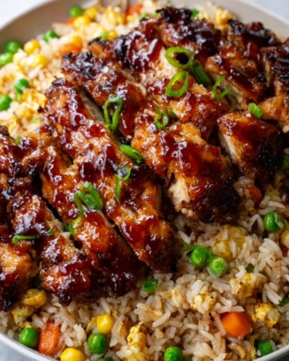 The image shows a close-up of grilled chicken pieces on top of fried rice. The chicken is cut into strips, with a shiny, dark brown glaze that looks sticky and sweet. It has some grill marks and is arranged in one thick layer across the rice. The fried rice below is light brown with bits of green peas, small carrot pieces, and some eggs mixed in, adding a pop of color. The rice has a slightly oily texture and fills the whole white plate. Everything sits on a white marbled surface. Photo taken with an iphone --ar 4:5 --v 7