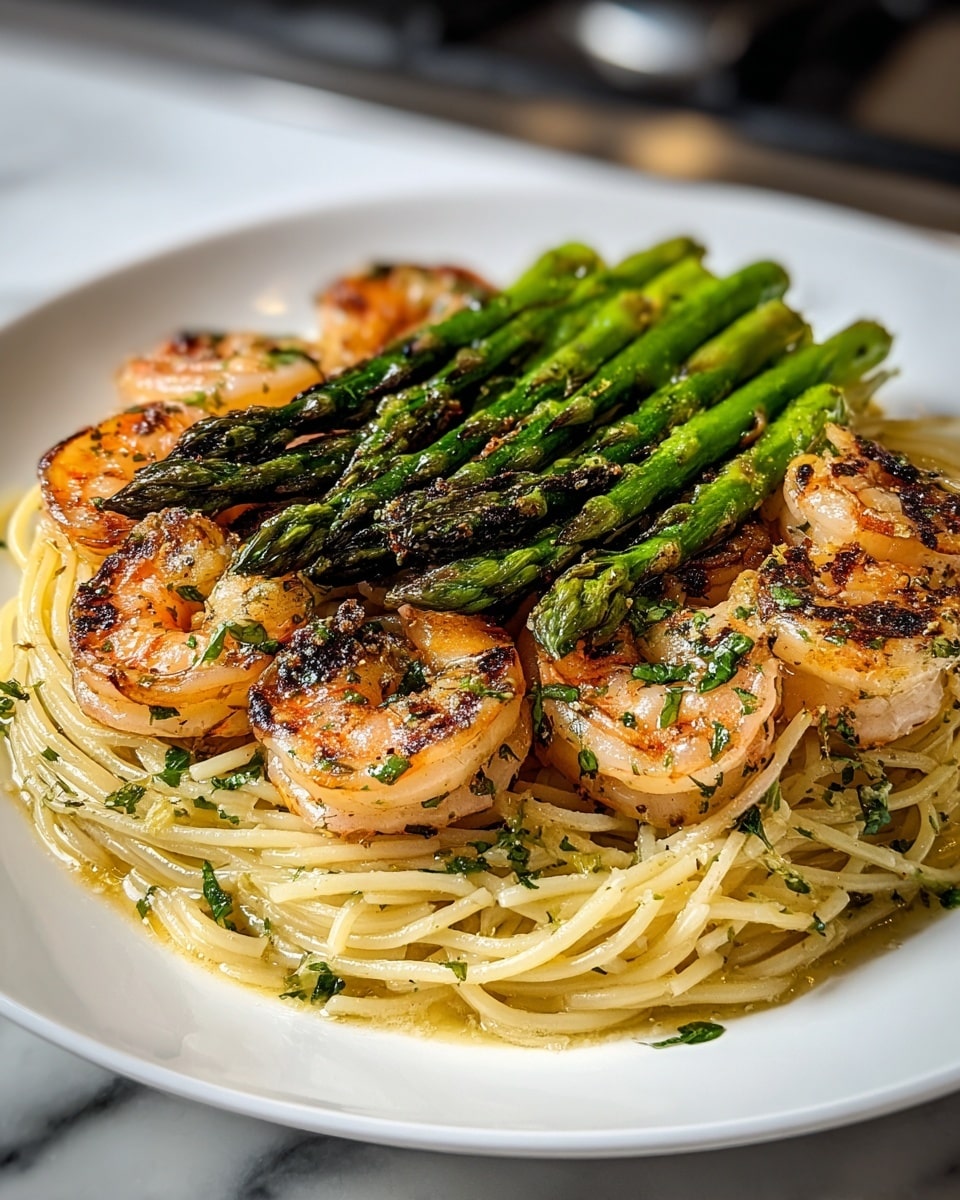 The dish shows a white plate filled with a base layer of thin spaghetti pasta tossed with herbs, all in a light glossy sauce that adds a yellowish shine. On top of the pasta is a circle of large, grilled shrimp, each one slightly curled and seasoned with visible herbs and spices, showing pink and orange colors with grilled brown marks. Above the shrimp is a neat bundle of bright green asparagus spears, lightly charred with dark grill spots, arranged horizontally across the plate. The background is a white marbled surface, and the photo was taken with an iphone --ar 4:5 --v 7