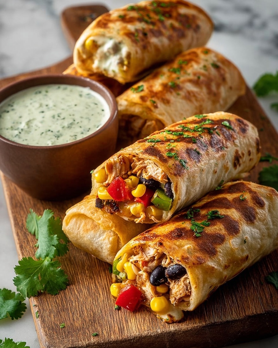 Three grilled burritos are placed on a wooden board on a white marbled surface. Each burrito has a golden-brown, crispy tortilla with visible grill marks on top, sprinkled with chopped green herbs. One burrito is cut open at the front, showing layers of yellow corn, black beans, red bell peppers, chopped onions, and shredded chicken inside. Beside the burritos, there is a small brown bowl filled with creamy, light-green sauce mixed with herbs. Fresh green cilantro leaves are scattered around the board. photo taken with an iphone --ar 4:5 --v 7