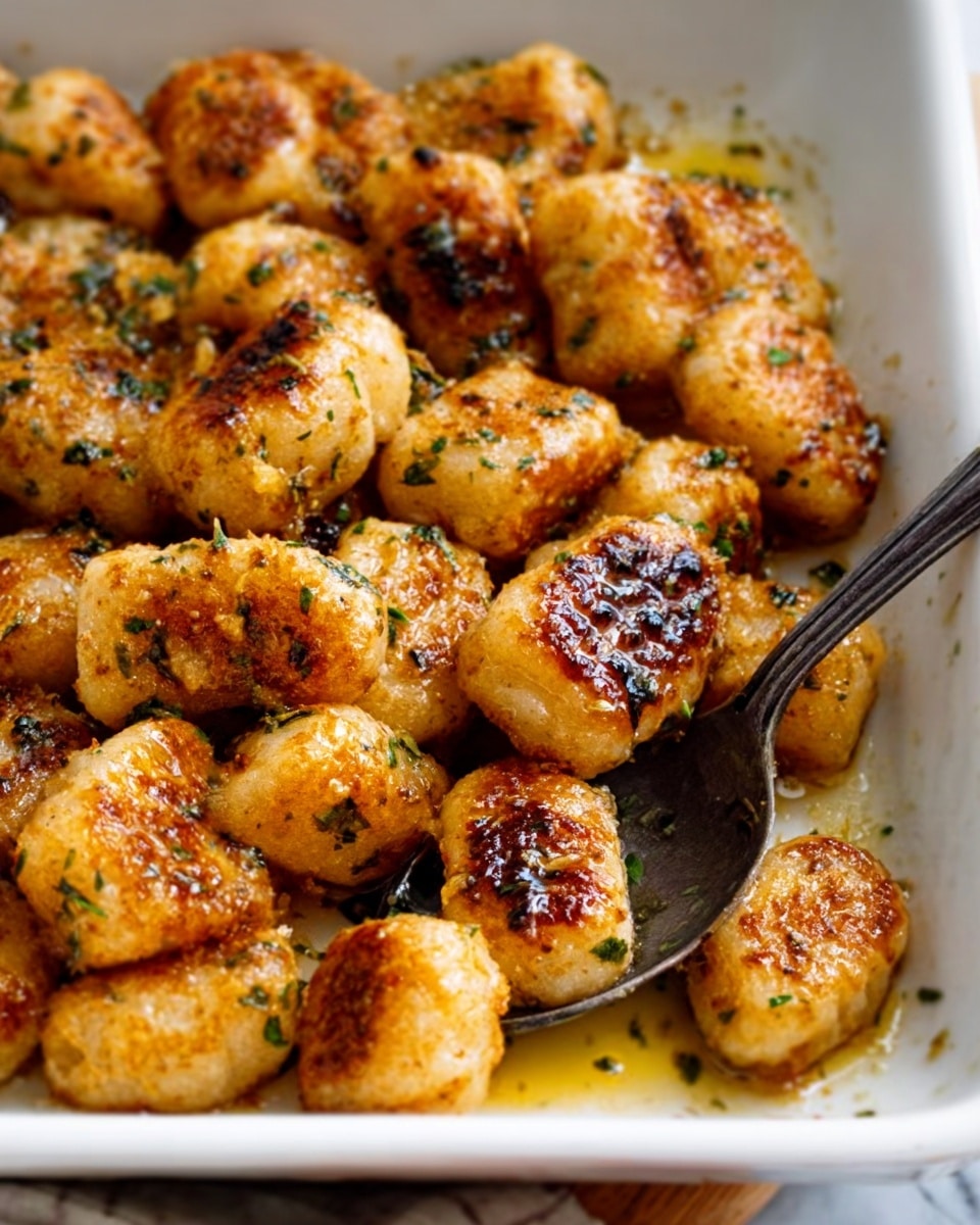 A close-up view of about fifteen golden brown, crispy fried gnocchi pieces in a white rectangular dish. Each gnocchi has a textured surface with specks of green herbs and a shiny glaze from a rich butter sauce pooling at the bottom. The gnocchi are piled close together with some dark, caramelized spots on top, showing a crunchy texture. In the background, a dark silver spoon rests inside the dish on a white marbled surface. photo taken with an iphone --ar 4:5 --v 7