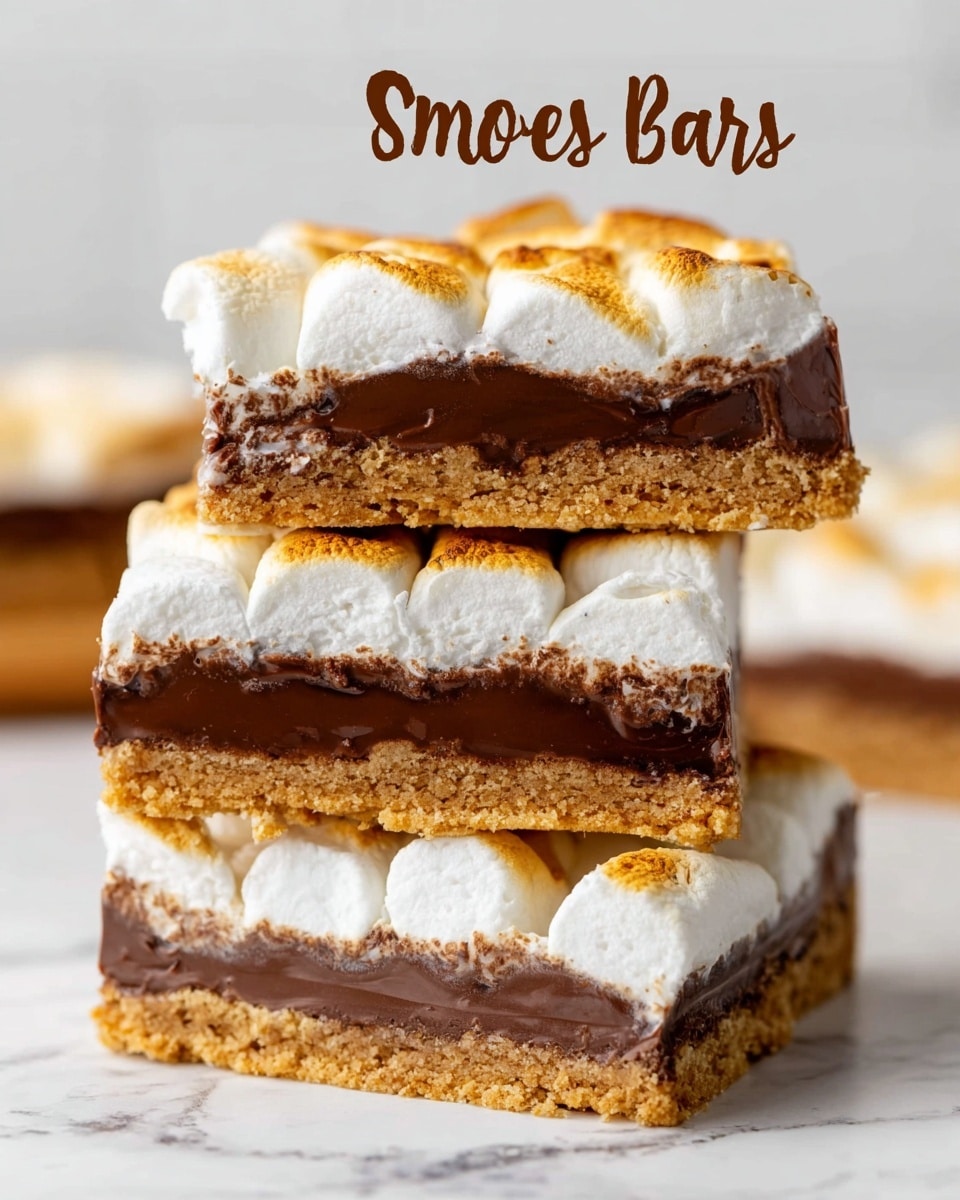 A close-up of three stacked s'mores bars on a white marbled surface, each bar showing three distinct layers: the bottom layer is a light brown, crumbly graham cracker crust; the middle layer is a thick, rich, smooth chocolate filling with a deep brown color; the top layer consists of white marshmallows toasted to a golden-brown color, slightly puffed and melted, creating a soft, textured surface. The bars have clean edges and are stacked unevenly to highlight the layers clearly. Photo taken with an iphone --ar 4:5 --v 7