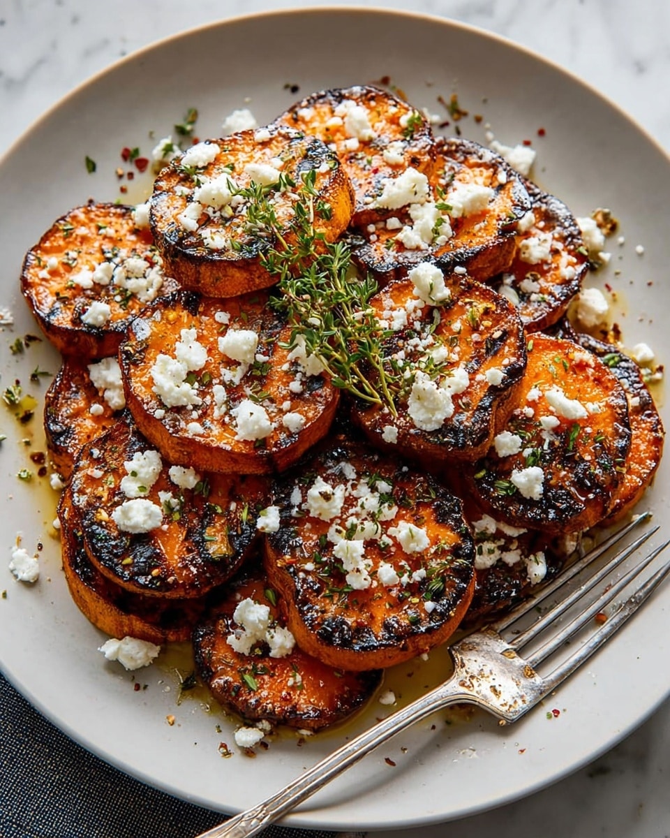 A close-up of a round white plate filled with one layer of thick, circular slices of roasted sweet potatoes with browned and slightly charred edges, showing a crispy texture. The orange sweet potato slices are topped with generous crumbles of white cheese scattered evenly across them. Small green herb leaves and sprigs are sprinkled all over the dish, adding spots of fresh green. A few small drops of oil or glaze shine on the sweet potatoes, enhancing their rich color. The plate is set on a white marbled surface with part of a fork resting on the plate's edge. photo taken with an iphone --ar 4:5 --v 7