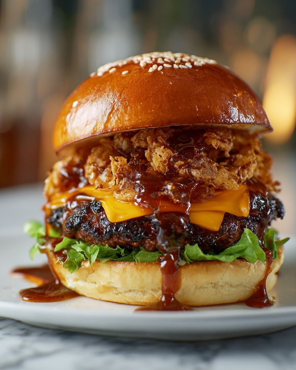 A tall burger sits on a white plate with a background of white marbled texture. The bottom layer is a soft, toasted bun with a light golden-brown color, topped with fresh green lettuce. Above the lettuce is a thick, juicy, grilled beef patty with dark char marks. Next comes a melted slice of cheddar cheese, bright orange and glossy. On top of the cheese is a layer of crispy fried onions, golden and crunchy. The top bun is glossy, golden brown with sesame seeds scattered on it, and a thick brown sauce drips down from the top, adding shine and moisture to the whole burger. photo taken with an iphone --ar 4:5 --v 7