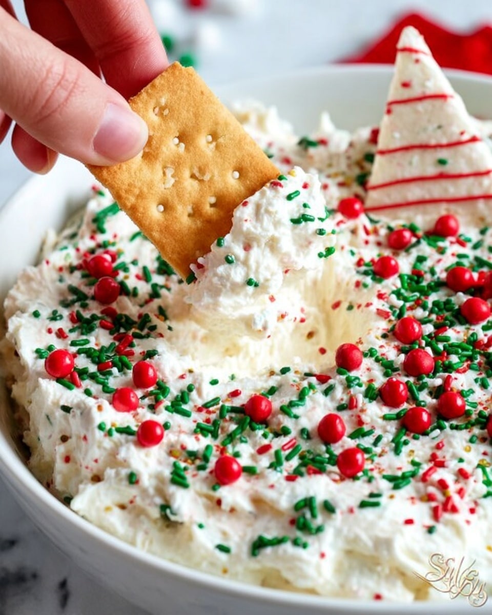 A close-up view of a white bowl filled with fluffy white whipped cream topped with small green and red round and rod-shaped sprinkles scattered all over. A triangular white cookie decorated with green and red icing lines is partially dipped in the whipped cream, standing upright in the bowl. A woman's hand is holding a square graham cracker dipped in the whipped cream with some sprinkles sticking to it. The bowl is set on a white marbled surface. Photo taken with an iphone --ar 4:5 --v 7