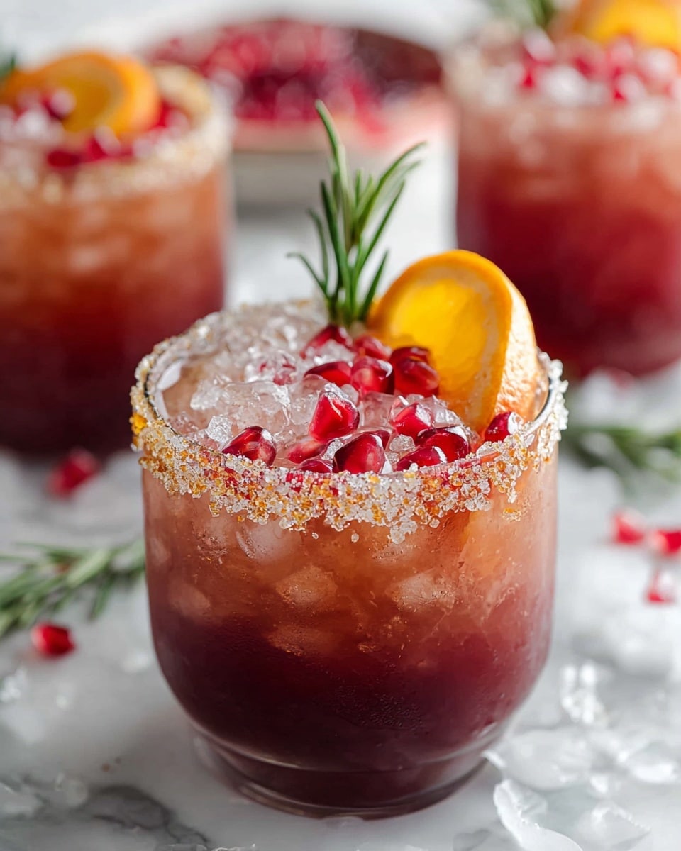 A short clear glass holds a reddish-pink drink filled with small ice cubes. The rim of the glass is coated with light brown sugar crystals, giving it a rough texture. The drink is garnished with a small bright orange slice and a sprig of green rosemary standing upright on one side. Scattered on top of the ice inside the glass are shiny, red pomegranate seeds. The glass sits on crushed ice over a white marbled surface with a soft, blurred background showing other similar glasses and red berries. photo taken with an iphone --ar 4:5 --v 7