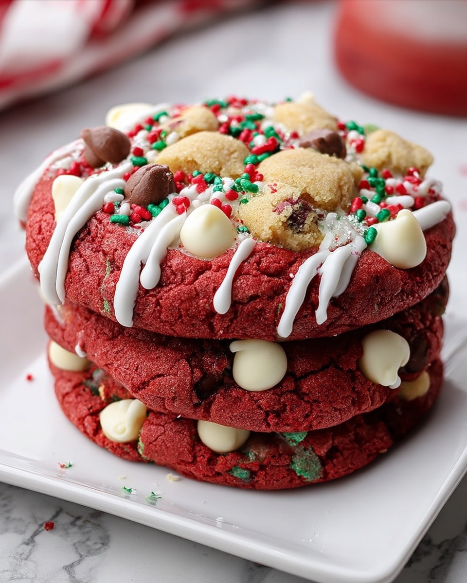 The image shows a stack of two large, thick red velvet cookies on a white square plate with a white marbled surface background. Each cookie has a rich red color with visible creamy white chocolate chips inside. The top cookie is decorated with a drizzle of white icing and topped with small chunks of light brown cookie dough and colorful sprinkles in red, green, white, and a few tiny brown round beads, giving a festive look. The icing drips slightly down the sides of the cookies, enhancing the texture and making them look soft and chewy. Photo taken with an iphone --ar 4:5 --v 7