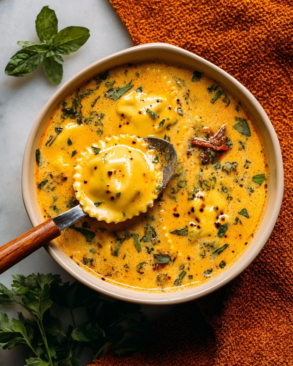 A white bowl filled with creamy orange-yellow soup flecked with green herbs and small black specks, containing several pieces of ravioli with ridged edges, and visible sun-dried tomato slices floating in the soup; a spoon with a wooden handle is scooping up one ravioli near the bowl's edge; fresh green herbs are placed around the bowl on a white marbled surface, partially resting on an orange textured cloth nearby. photo taken with an iphone --ar 4:5 --v 7