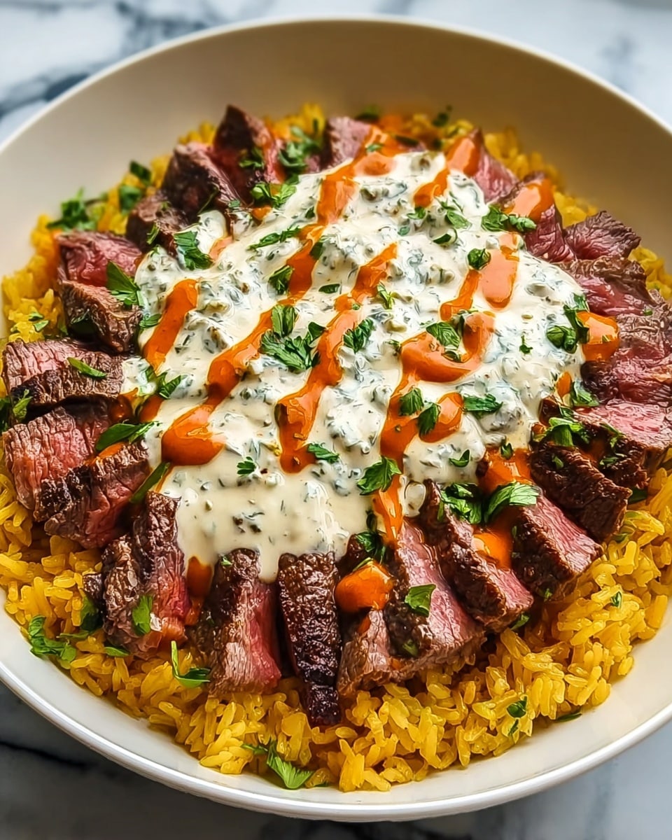 A white bowl with yellow rice at the bottom layer, topped with evenly sliced medium-rare steak arranged in a circle on top of the rice. Over the steak, there is a creamy white sauce with green herbs mixed in, drizzled generously across the center, and small spots of a red-orange sauce placed on top. Fresh green herbs are sprinkled over the sauces for garnish. The bowl sits on a white marbled surface. Photo taken with an iphone --ar 4:5 --v 7