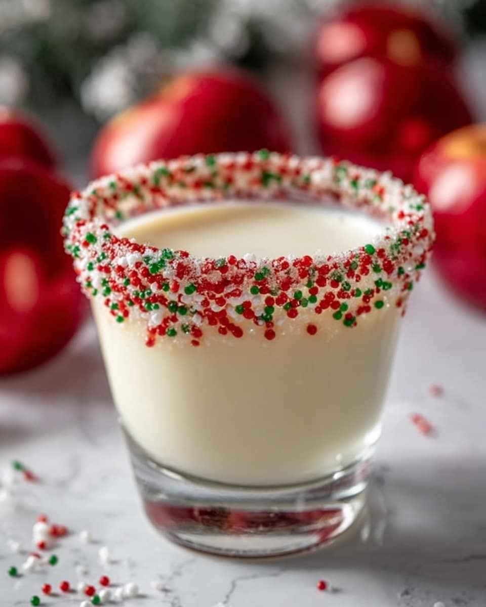 A clear glass filled with creamy white drink up to near the rim, decorated with a thick layer of red and green sprinkles stuck around the top edge of the glass, creating a festive look. The texture of the drink is smooth and slightly shiny. In the background, there are red apples that are blurred out, and the glass sits on a white marbled surface. Photo taken with an iphone --ar 4:5 --v 7