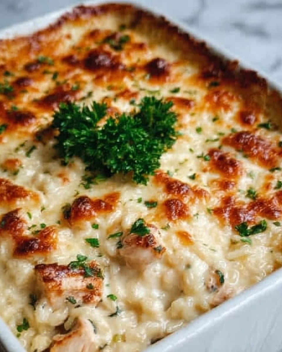 The image shows a close-up of a creamy rice dish inside a white rectangular baking dish. The top layer is golden brown and slightly crispy with melted cheese, small browned spots, and a sprinkle of chopped green herbs. Below the cheese, tender chunks of chicken and creamy rice are visible, creamy and slightly saucy with a light beige color. On top, bright green parsley garnishes the center, adding freshness. The background is a white marbled texture. photo taken with an iphone --ar 4:5 --v 7