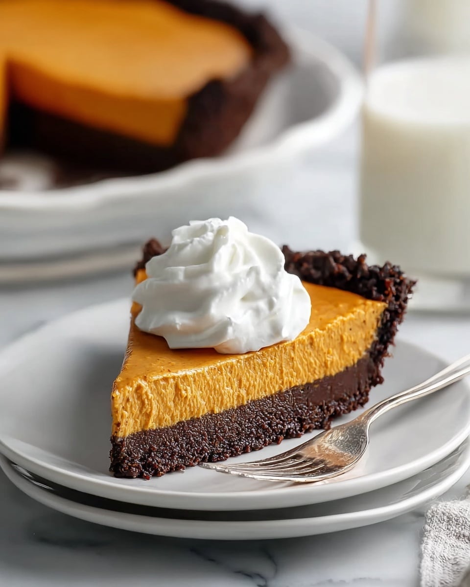 A slice of pie with two layers sits on a white plate: the bottom layer is dark brown and crumbly, resembling a chocolate crust, and the top layer is smooth and orange, like pumpkin filling. On top of the slice is a dollop of white whipped cream with soft peaks. A silver fork rests beside the pie on the plate. In the background, there is another slice of the same pie on a white plate and a blurred glass of milk against a white marbled surface. photo taken with an iphone --ar 4:5 --v 7