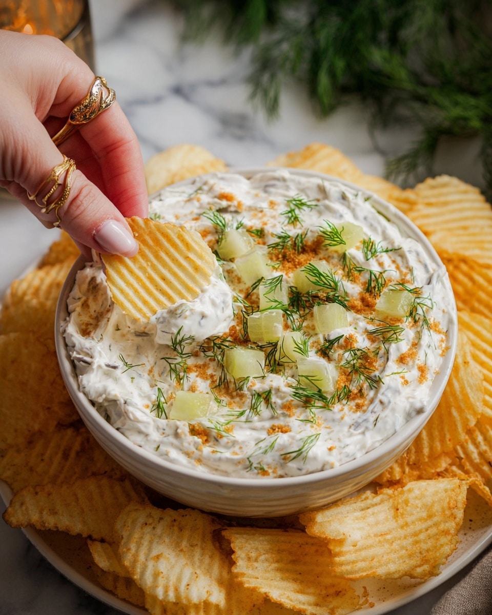 A close-up of a white bowl filled with creamy white dip topped with green dill sprigs, small pale green diced pickles, and orange crumbs scattered evenly across the surface. The bowl sits on a white plate that is partially covered with ridged, golden-yellow potato chips. A woman's hand with a gold ring and light-colored nails holds a single ridged chip dipped in the creamy mixture. The background features a soft focus on greenery and a white marbled surface. photo taken with an iphone --ar 4:5 --v 7
