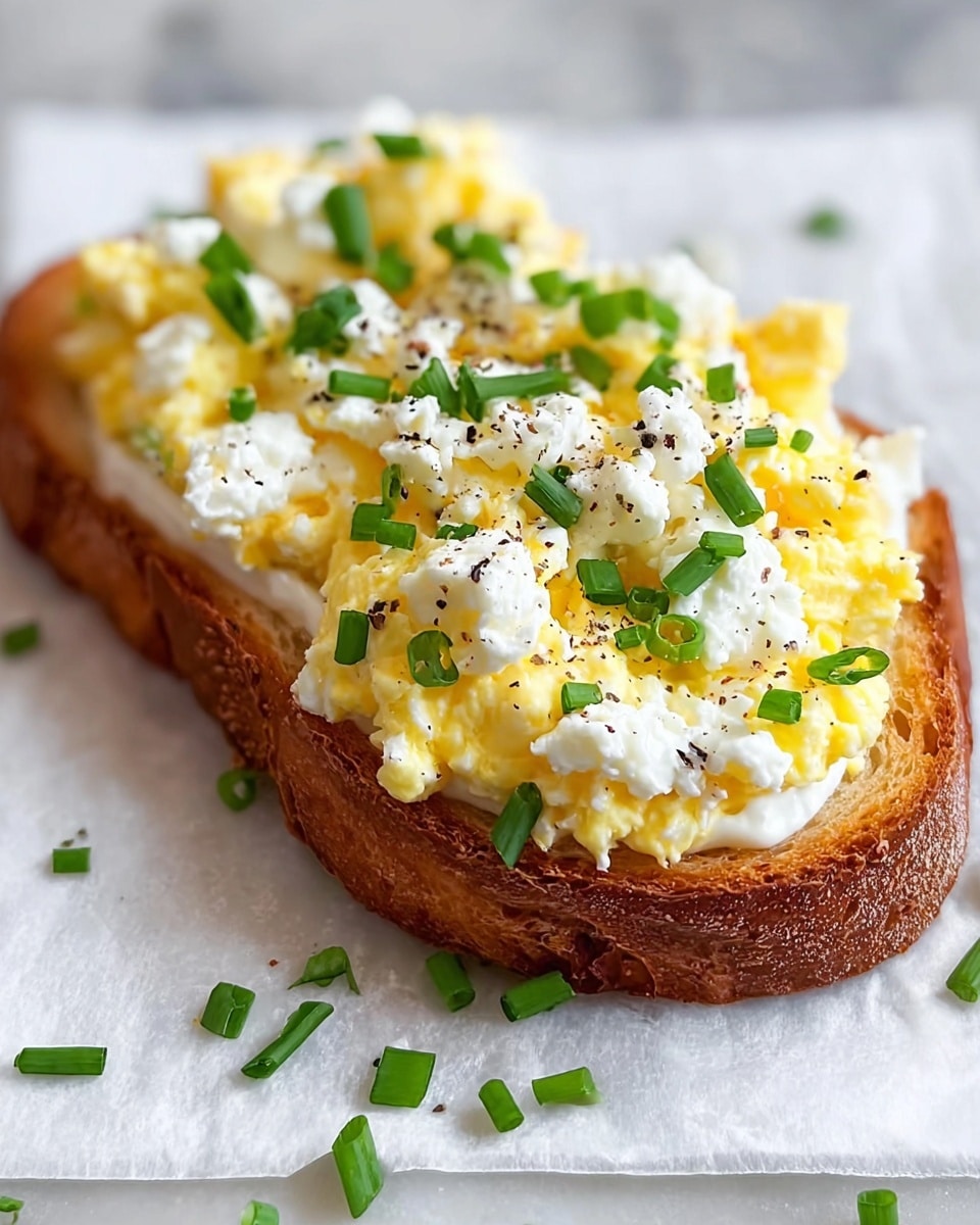 A single thick slice of toasted bread with a golden-brown crust sits on a white marbled textured surface covered partially by white parchment paper. On the toast, there is a thick, fluffy layer of soft scrambled eggs in pale yellow with some white parts mixed in, topped with dollops of white cottage cheese. Bright green chopped chives are scattered over the top, along with small specks of black pepper. A few pieces of chives are also sprinkled around the toast on the white marbled surface. The image is close-up, showing the soft texture of the eggs and creamy cheese clearly. photo taken with an iphone --ar 4:5 --v 7