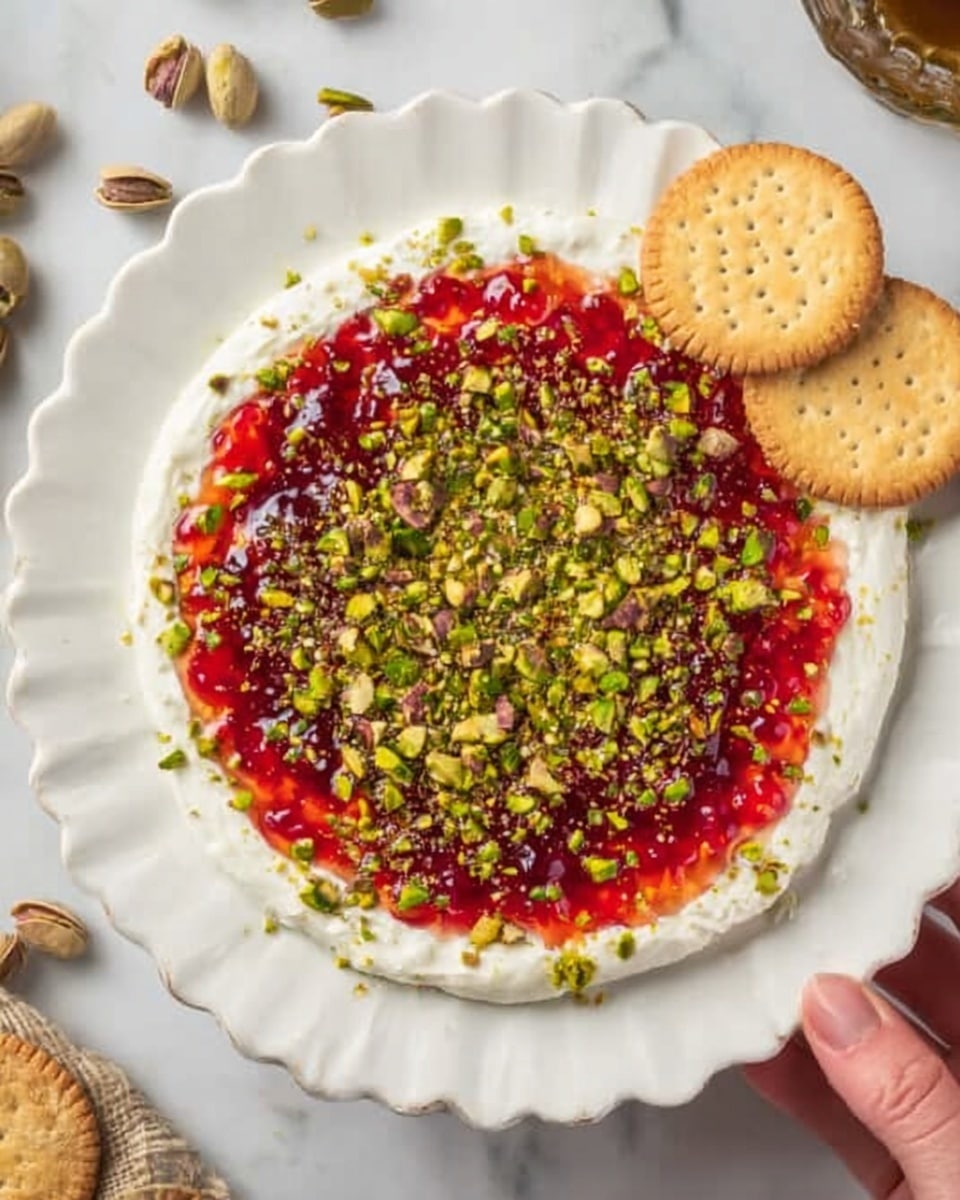 The image shows a white scalloped plate with a layered dip. The bottom layer is a smooth white cream cheese spread, topped with a bright red jelly-like layer that looks shiny and slightly thick. On top, there is a generous sprinkle of chopped green pistachios covering almost the whole surface. Two round light beige crackers rest on the right side, slightly on the dip. A woman's hand is holding the plate at the bottom right corner. The plate is placed on a white marbled surface with a few pistachios and crackers scattered around. Photo taken with an iphone --ar 4:5 --v 7