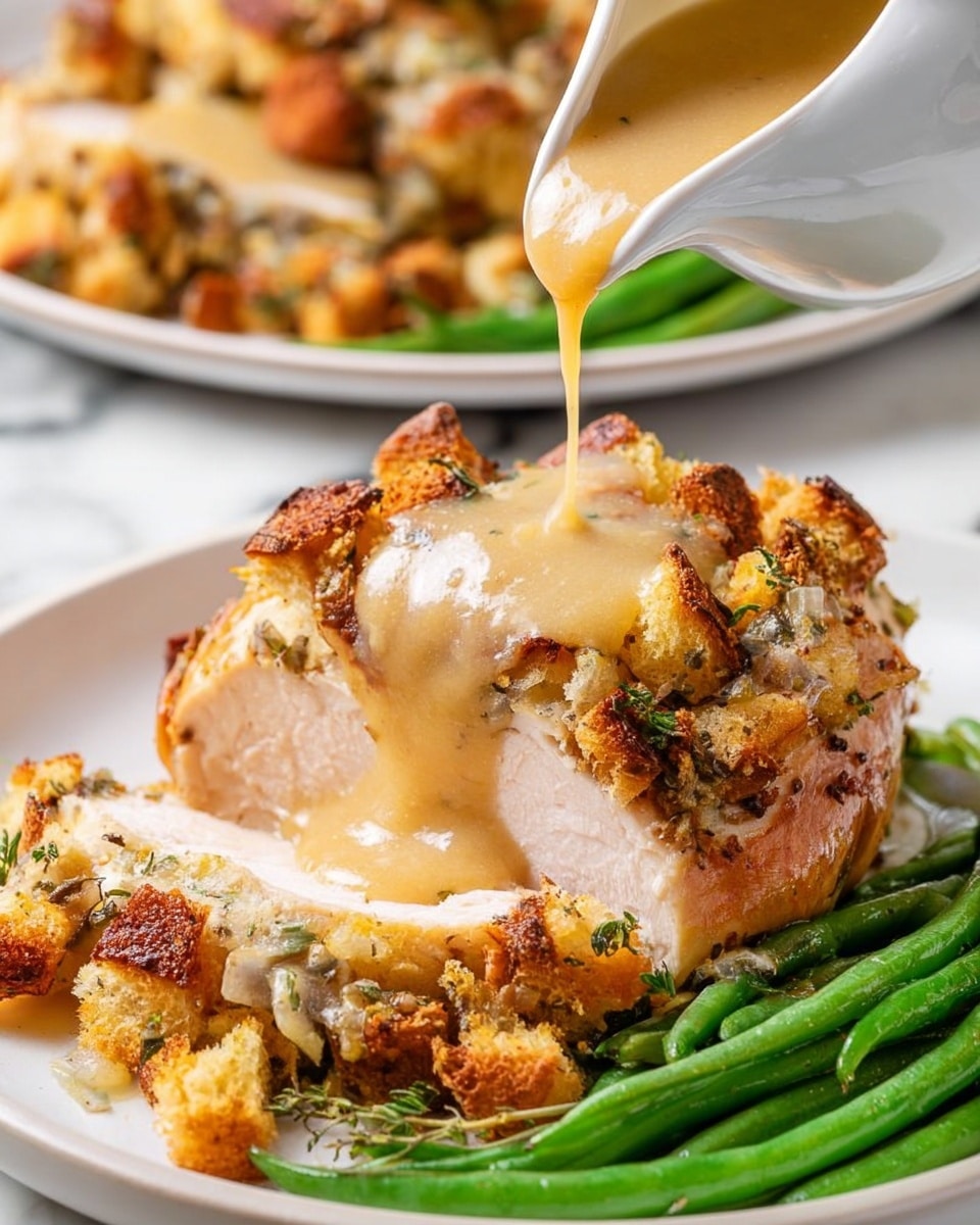 A close-up view of a white plate with a stuffed chicken breast covered in golden-brown toasted bread pieces mixed with herbs and small chunks of celery, topped with smooth, creamy beige gravy being poured from a white gravy boat. The stuffing looks crunchy on top with a soft interior, and the chicken beneath is juicy and tender. Behind the chicken, there are bright green cooked green beans with slight char marks, resting on a white marbled surface. Another plate with the same dish is softly blurred in the background. Photo taken with an iphone --ar 4:5 --v 7