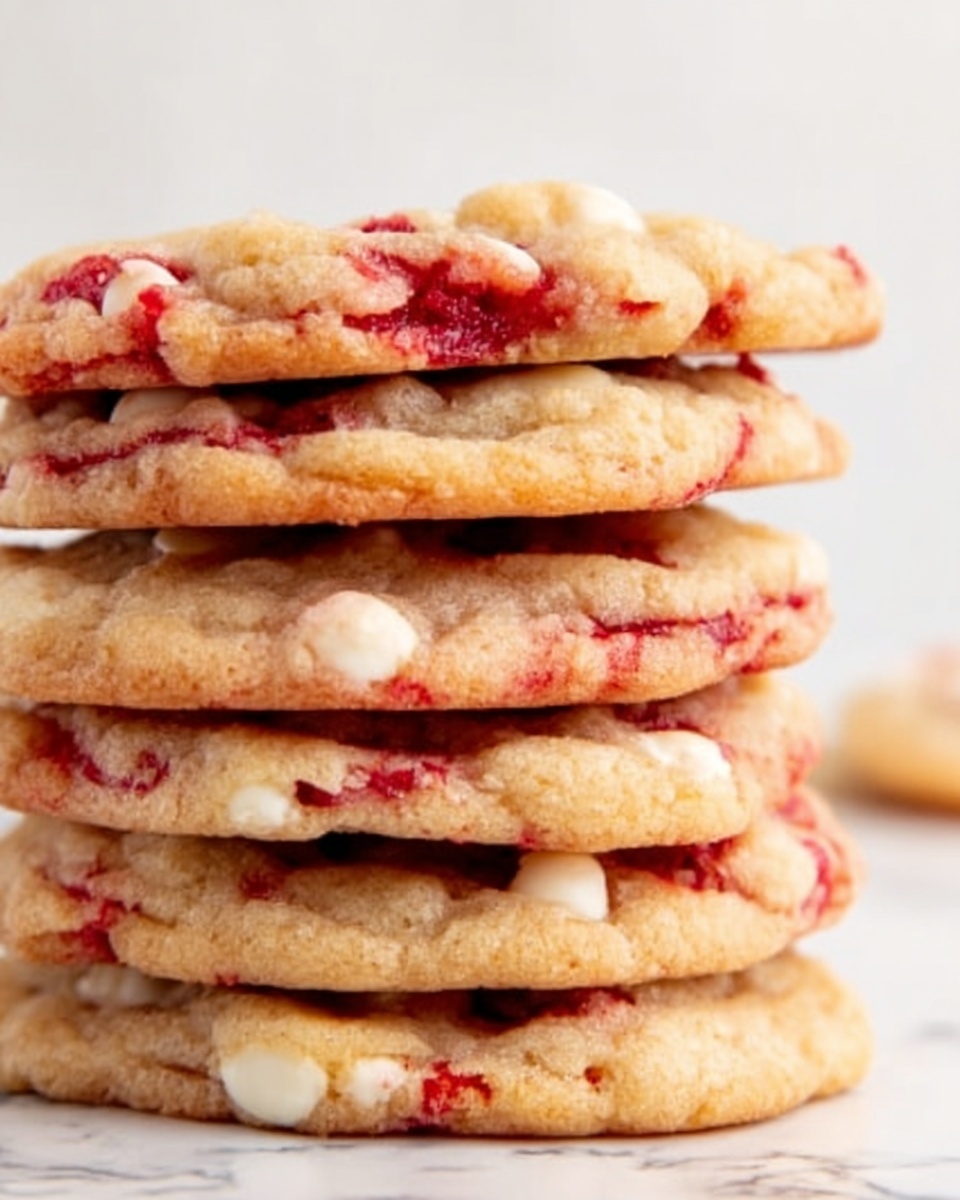 The image shows a close-up of a stack of six thick, soft cookies with white chocolate chips and red streaks mixed throughout. The cookies have a slightly uneven, chunky texture with visible gooey bits and are stacked one on top of the other. The background has a white marbled texture, giving a clean and bright setting to the warm-toned cookies. Photo taken with an iphone --ar 4:5 --v 7