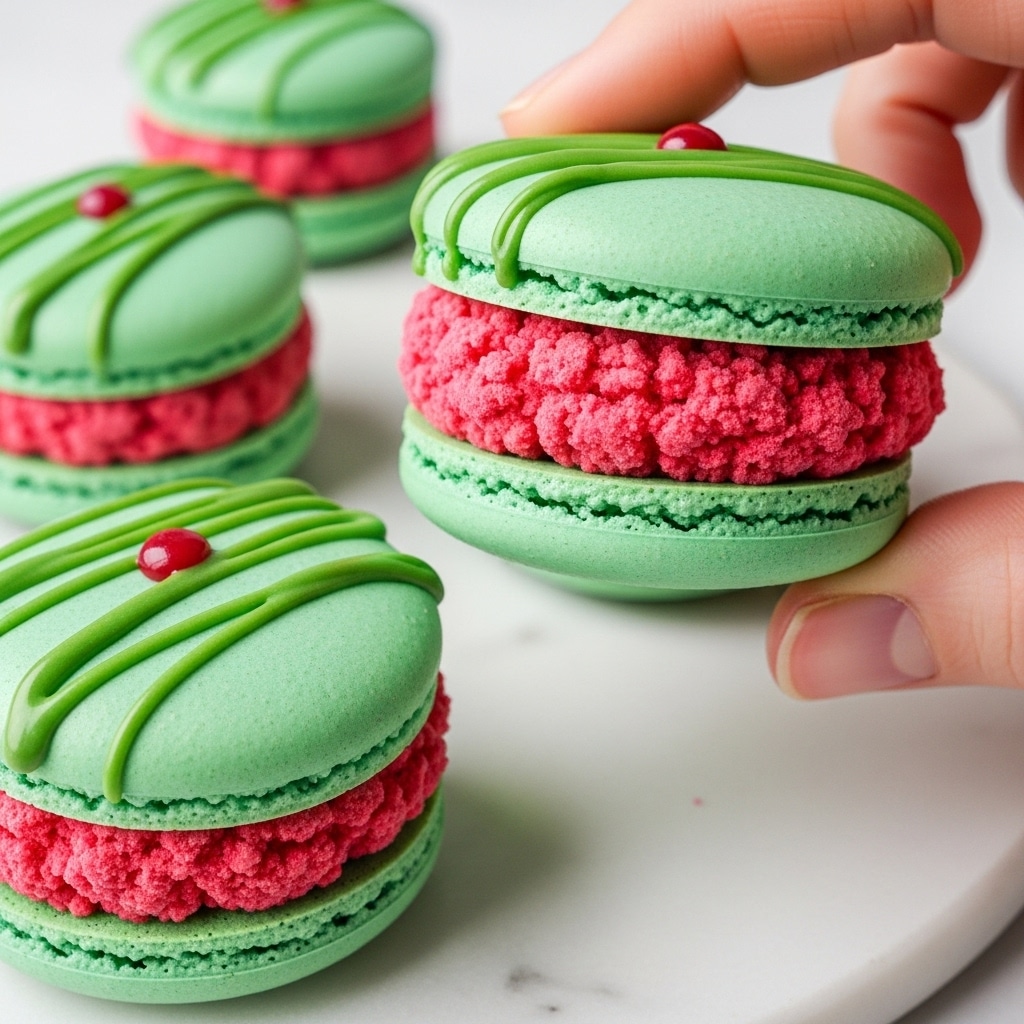 The image shows close-up of round green macarons with a rough pink inside. Each macaron has three layers: the top and bottom shells are smooth, light green with a fine texture, while the inner filling is a bold pink, crumbly and soft looking. The macarons are decorated with smooth green drizzle on top, with a small red dot near the center of each. They are resting on a white marbled surface, and a woman's hand is gently holding one macaron facing forward. Photo taken with an iphone --ar 4:5 --v 7