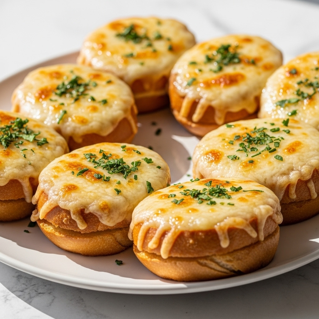 Seven pieces of toasted bread are arranged closely on a white plate. Each bread slice has two layers: a golden brown toasted base and a thick top layer covered with melted, bubbly cheese that is slightly browned in spots. On top of the cheese, small bits of finely chopped green herbs are sprinkled evenly. The plate is set on a white marbled textured surface with soft natural light illuminating the scene from the side. photo taken with an iphone --ar 4:5 --v 7