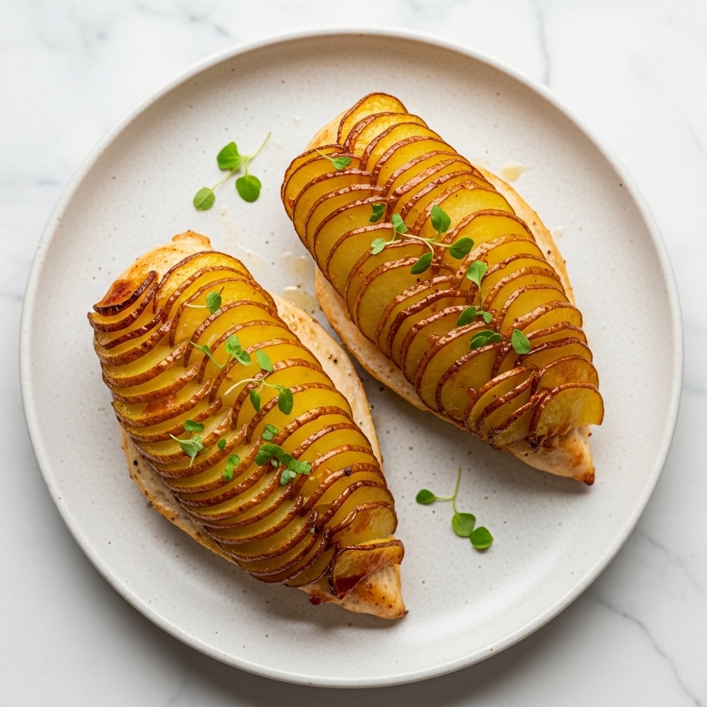 Two cooked chicken breasts are shown on a white plate with a slightly rough texture. Each chicken breast has a layer of thin, golden-brown potato slices arranged neatly on top in overlapping rows. The potatoes have a crispy edge with a shiny, caramelized glaze. Small green herb leaves are sprinkled over the potatoes and around the plate for garnish. The plate sits on a white marbled surface. photo taken with an iphone --ar 4:5 --v 7