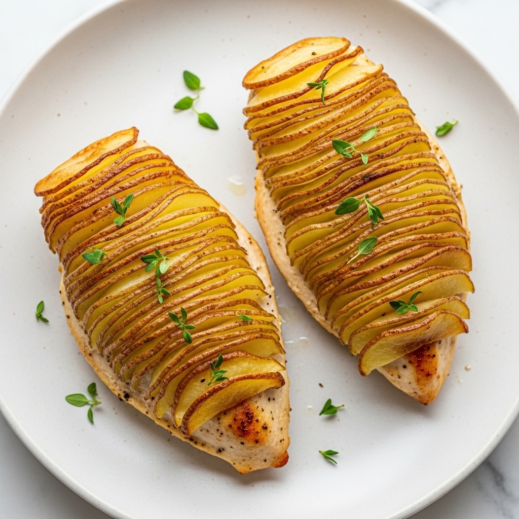 Two cooked chicken breasts are placed on a white plate with a slightly rough texture. Each chicken breast is topped with thin, overlapping slices of golden-brown cooked potatoes arranged in a neat layered pattern. The crispy edges of the potatoes show a mix of light brown and golden hues, while the chicken below has a light, roasted color with some seared marks. Small green herb leaves, possibly thyme, are scattered on top of and around the chicken, adding a touch of fresh green color. The surface the plate rests on has a white marbled texture. Photo taken with an iphone --ar 4:5 --v 7
