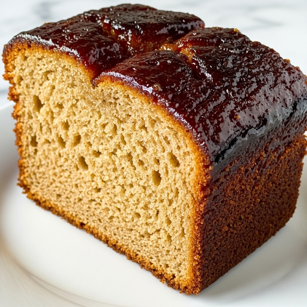 A close-up view of a single thick slice of golden brown cake with a moist, dense texture. The top layer is dark caramelized with a shiny glaze that reflects light, creating a sticky and rich appearance. The inside shows a soft crumb with a light tan color and small air holes scattered evenly. The slice sits on a simple white plate against a white marbled surface, with natural light highlighting the cake's texture and glaze. photo taken with an iphone --ar 4:5 --v 7