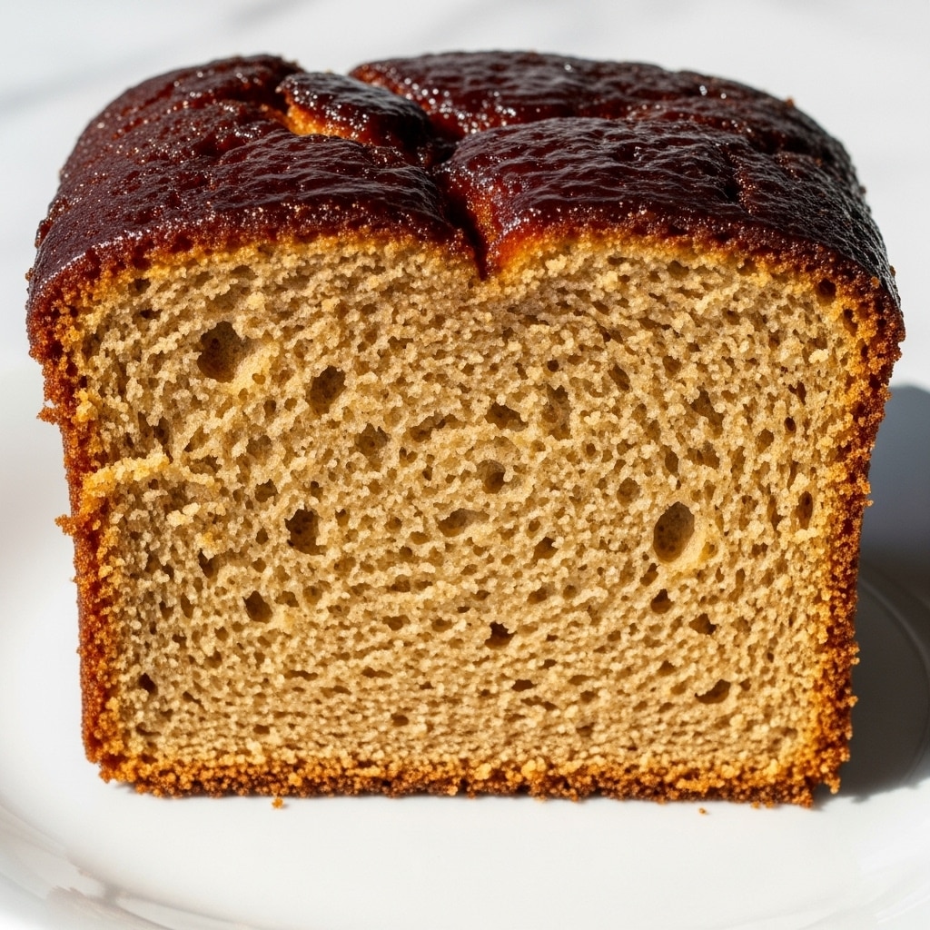 A single thick slice of golden brown pound cake rests on a white plate, showing a soft, moist inside with a fine crumb texture and tiny air holes throughout. The top layer is covered in a shiny, sticky glaze that drips down the sides, adding a glossy, darker brown contrast to the lighter cake. The outside of the cake is a deeper brown crust that looks slightly crisp and caramelized. The plate sits on a white marbled surface with soft natural light highlighting the glossy texture of the glaze. photo taken with an iphone --ar 4:5 --v 7