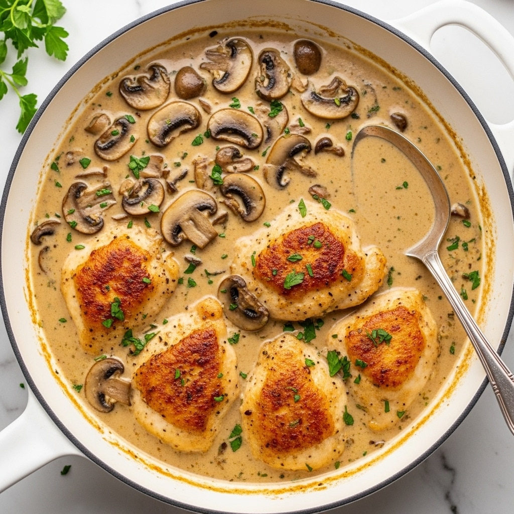 This image shows a white pan filled with creamy mushroom sauce and golden brown cooked chicken pieces. The sauce is light brown with sliced mushrooms floating on top, and small green herb bits are sprinkled over the dish. The browned chicken pieces sit below and partly rise above the thick sauce. A silver spoon rests inside the pan on the right side. The pan is placed on a white marbled surface with some green herbs in the background. photo taken with an iphone --ar 4:5 --v 7