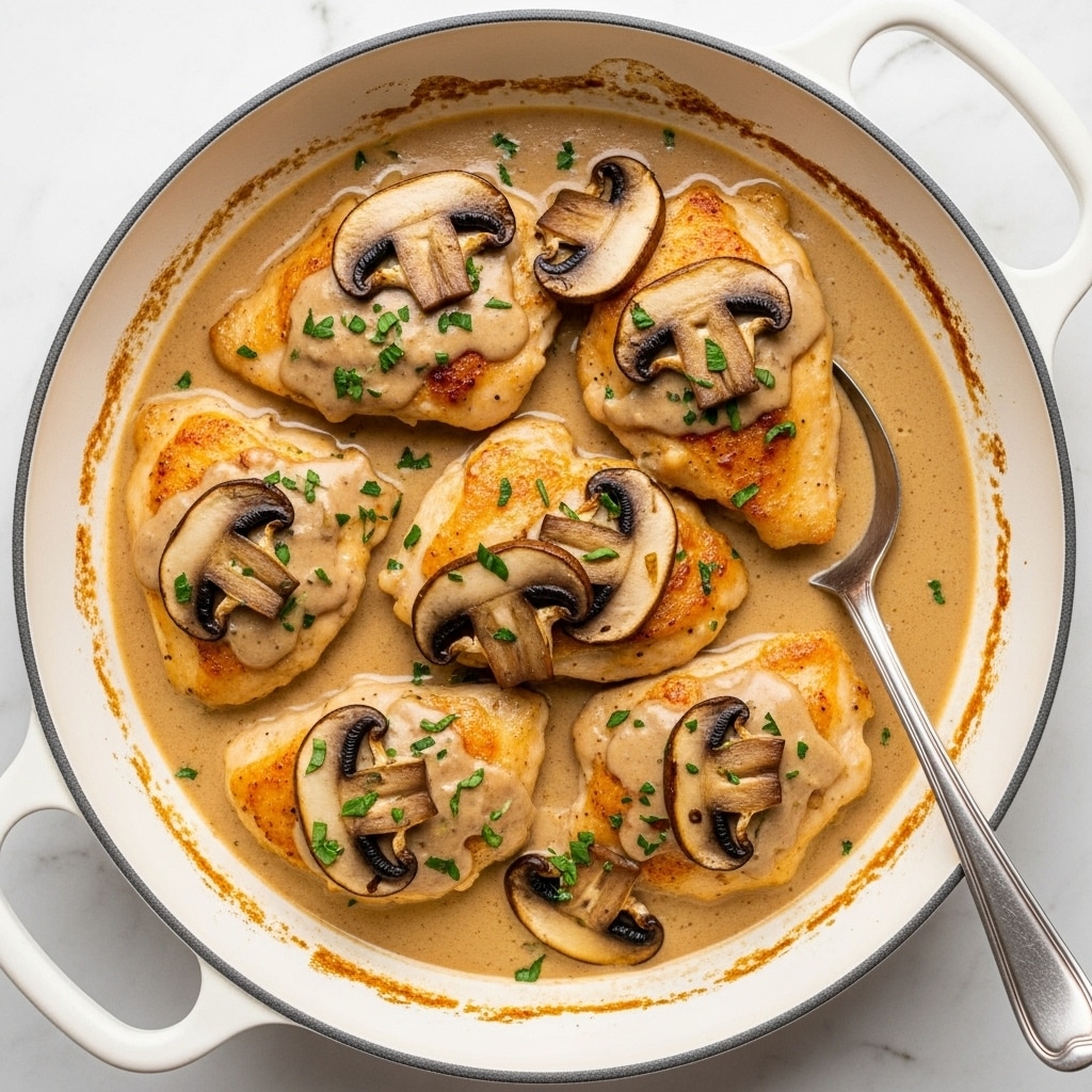 The image shows a white pan filled with golden-brown cooked chicken pieces covered in a creamy light brown mushroom sauce. Large slices of cooked mushrooms with dark edges float on top of the sauce, along with small green herb sprinkles scattered on the chicken and sauce. A silver spoon rests inside the pan, and the background surface is white marble. photo taken with an iphone --ar 4:5 --v 7