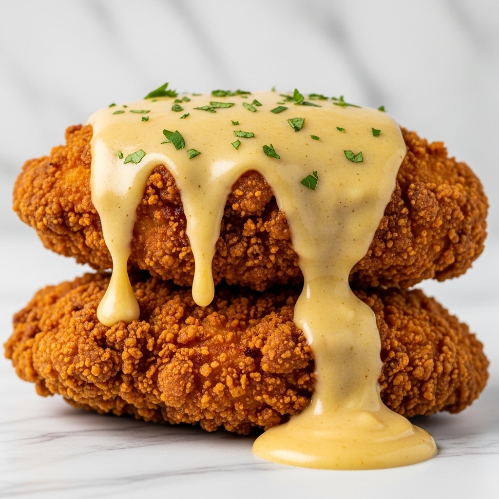 The image shows a close-up view of two pieces of crispy fried chicken stacked on top of each other, covered with a thick, creamy yellow-brown gravy that drips slowly down the sides. The fried chicken has a crunchy, golden-brown texture with uneven edges, and the gravy is sprinkled with small green herb bits, possibly parsley or cilantro, adding a fresh touch. The background has a soft white marbled texture, highlighting the dish’s rich and hearty look. Photo taken with an iphone --ar 4:5 --v 7