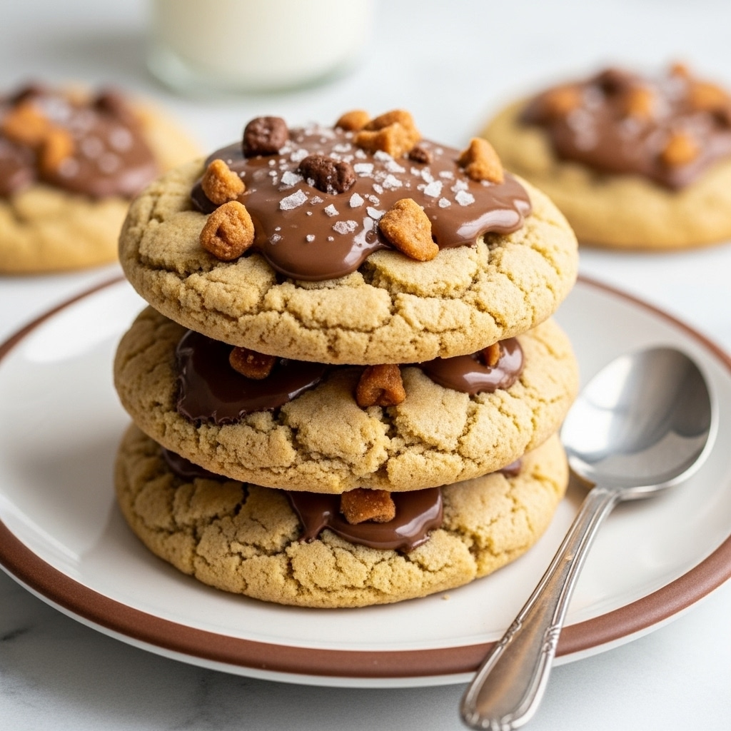 Three large cookies are stacked on a white plate with a brown rim, placed on a white marbled surface. Each cookie has a cracked light brown outer layer with a soft, chewy texture. The top of the cookie is covered in melted milk chocolate patches mixed with small crunchy toffee bits and sprinkled with coarse sea salt crystals that add a shiny texture. In the front, a silver spoon lays beneath the cookie, slightly visible on the right side. The background is softly blurred with a glass of milk faintly seen. Photo taken with an iphone --ar 4:5 --v 7