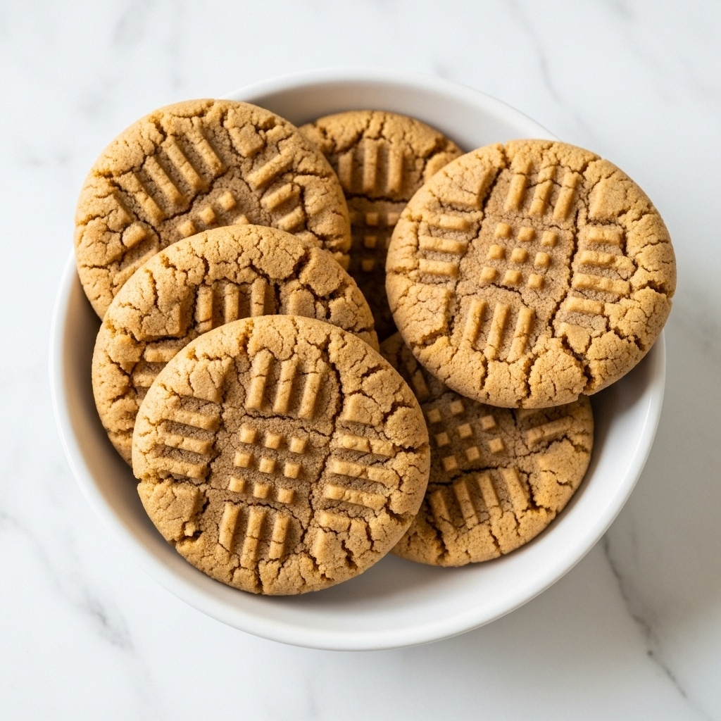 A white bowl filled with five round peanut butter cookies stacked slightly on top of each other. The cookies are light brown with a cracked surface and fork marks on top, giving a textured pattern. The bowl rests on a white marbled surface. photo taken with an iphone --ar 4:5 --v 7
