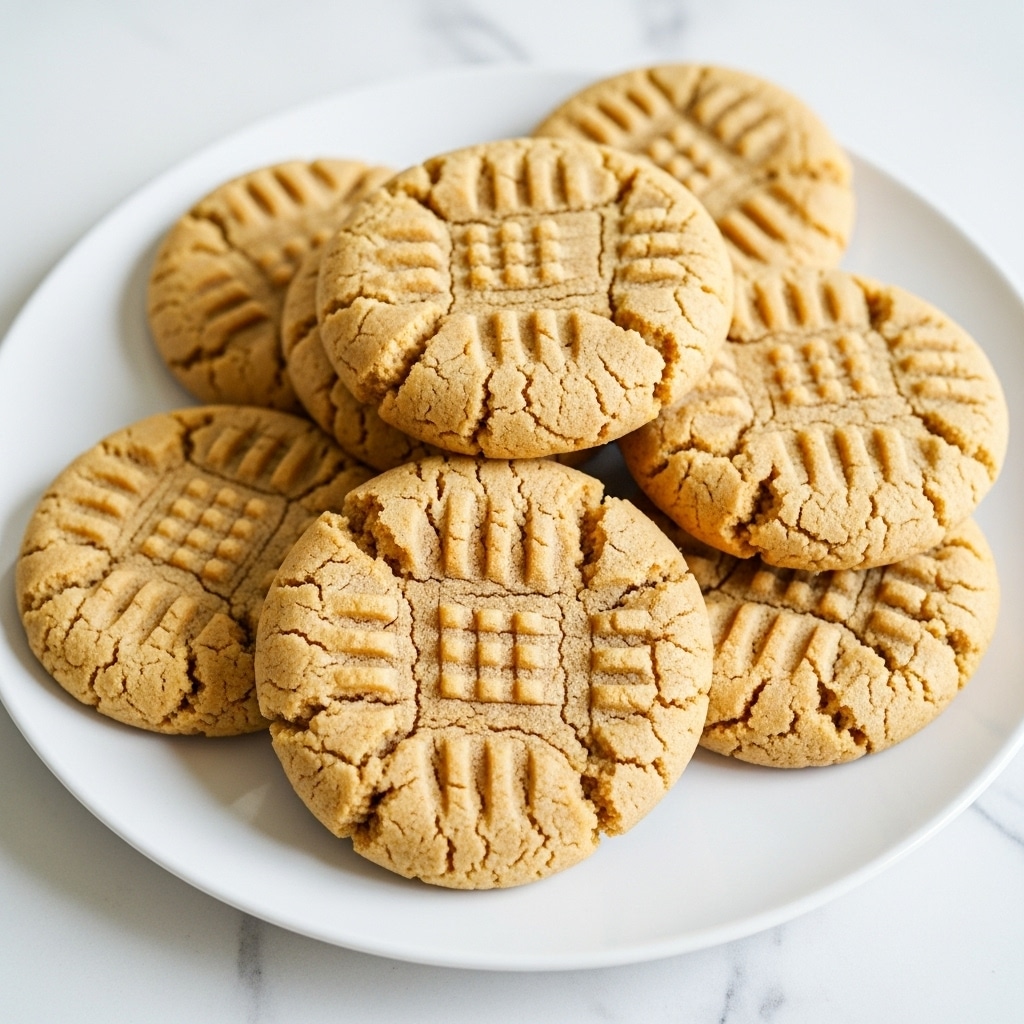 A white plate filled with several peanut butter cookies stacked slightly on top of each other, showing the cracked texture and peanut butter crisscross marks on the surface of each cookie, the cookies are light golden brown with a soft, crumbly texture, all placed on a white marbled surface. photo taken with an iphone --ar 4:5 --v 7