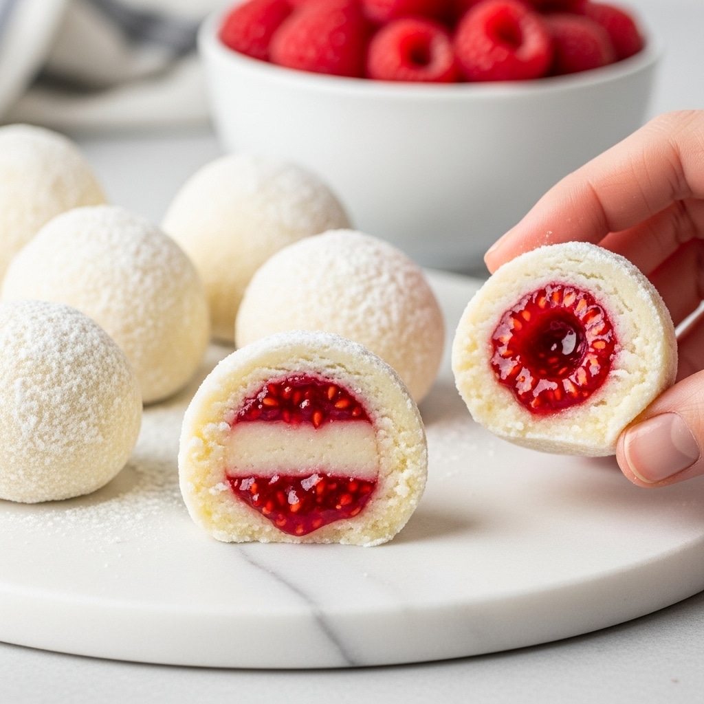 The image shows several small round white balls with a dusting of powdered sugar on top, arranged on a white marbled surface. One ball is split open, revealing three layers inside: a thin outer white layer with a smooth, slightly crumbly texture, a middle translucent white dough layer, and a bright red raspberry jam center with visible seeds. The balls look soft and delicate. In the background, there is a white bowl filled with fresh red raspberries. A woman's hand is seen holding one ball gently. Photo taken with an iphone --ar 4:5 --v 7