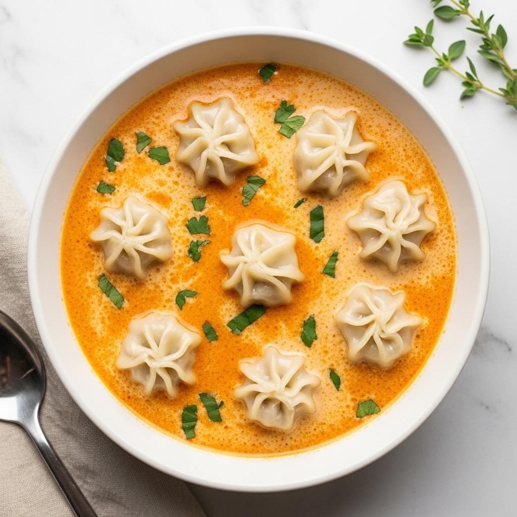 A white bowl filled with a creamy orange soup, topped with several small, round dumplings with pleated edges that look soft and slightly translucent. The dumplings float evenly on the surface, some spotted with small green herbs and fresh cilantro leaves. The soup has a smooth texture with a few drops of oil or spices visible on the top. The bowl is placed on a white marbled textured surface with a spoon nearby. Photo taken with an iphone --ar 4:5 --v 7
