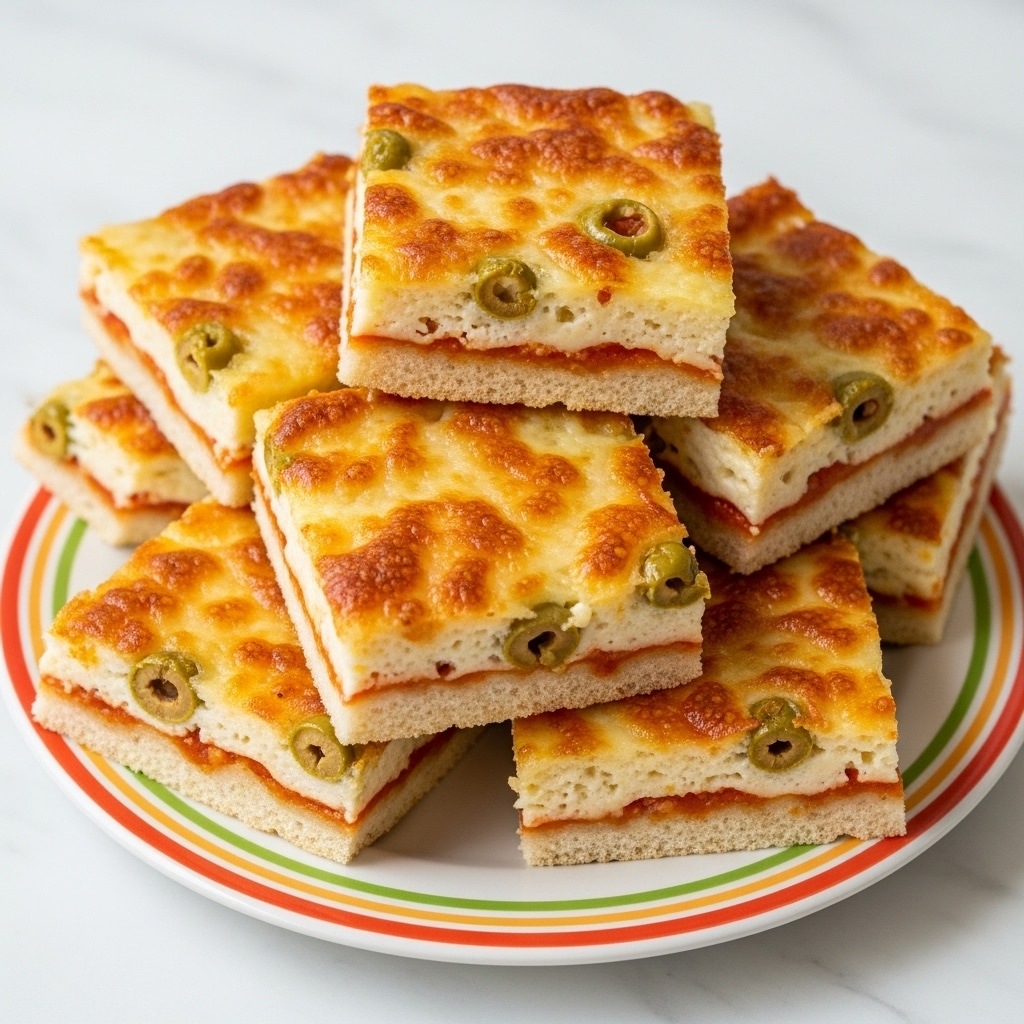 A white plate holds a stack of nine square pizza slices arranged in a loose pile, with three slices on top, resting on a white marbled surface. Each slice shows three distinct layers: a golden-brown, slightly crispy crust at the bottom; a middle layer with a light tan color, possibly a thin sauce or dough; and a top layer of melted, bubbly cheese that is golden-yellow with small browned spots and several whole green olives embedded throughout. The cheese layer looks thick and gooey, covering the slices unevenly, with some edges slightly browned and crisped. Photo taken with an iphone --ar 4:5 --v 7