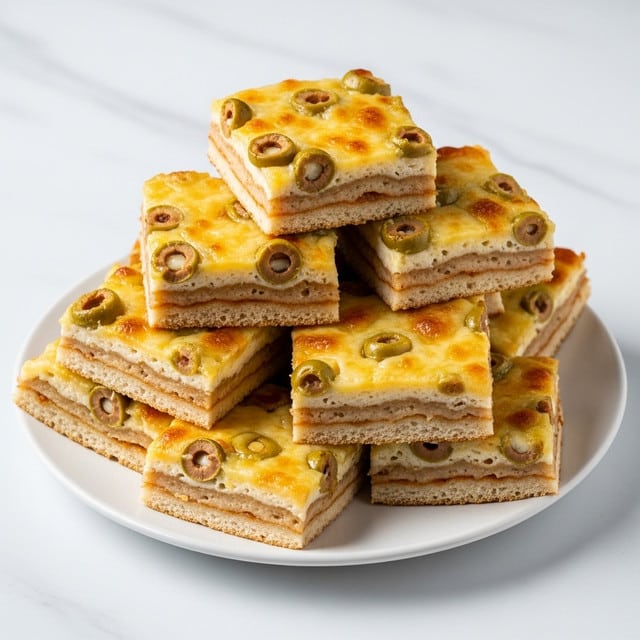 A stack of eight square pizza slices is shown on a white plate with orange, green, and red stripes. Each slice has two layers: a light brown thin crust at the bottom and a thick top layer of melted golden-brown cheese with small green olive pieces embedded. The cheese layer appears bubbly with browned spots, giving a crispy texture. The slices are arranged in a loose pile on a white marbled surface. Photo taken with an iphone --ar 4:5 --v 7