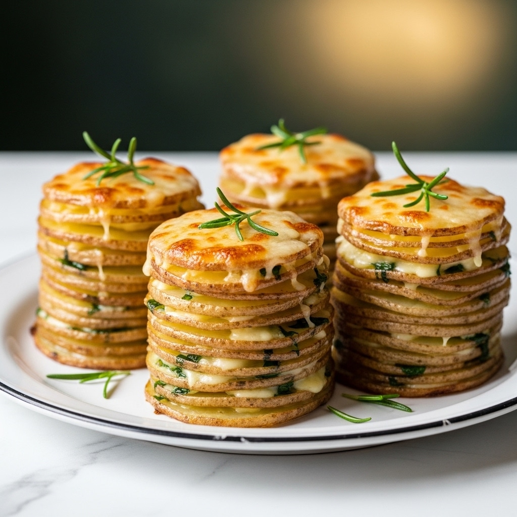 Four stacks of thinly sliced golden brown potato layers, each about eight to ten layers high, are arranged on a white plate with a slightly worn rim. The potatoes have crispy browned edges and a soft, creamy inside with bits of green herbs mixed in. Each stack is topped with melted cheese, lightly browned on top, and garnished with a small sprig of fresh green rosemary. The plate is placed on a white marbled surface with a blurred dark green and golden light background. photo taken with an iphone --ar 4:5 --v 7