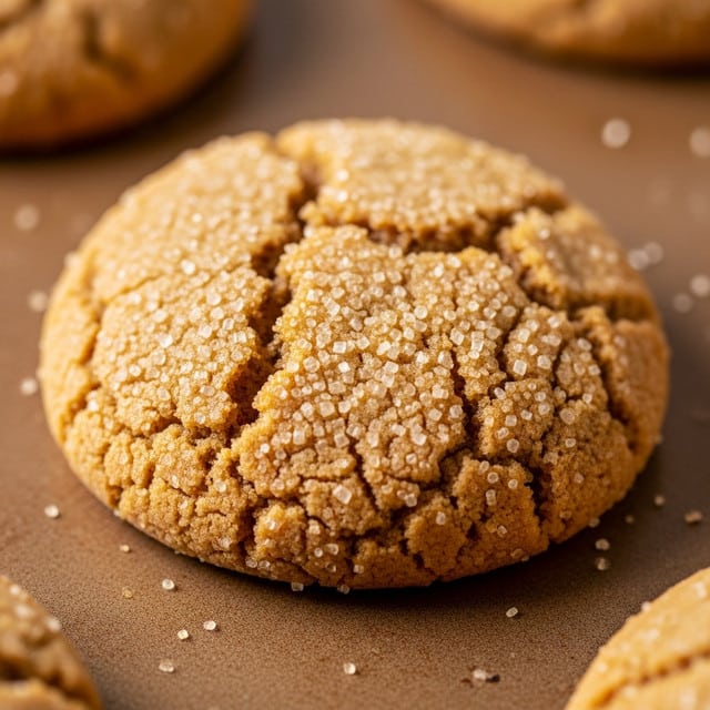 A close-up of a single soft cookie with a slightly domed shape, showing a rich golden-brown color with deep cracks on the surface. The cookie is coated lightly with sugar crystals that give a subtle sparkle. The edges appear just a bit darker, indicating crispiness, while the middle looks chewy and moist. The cookie rests on a textured mat with more cookies blurred in the background, all on a white marbled texture. photo taken with an iphone --ar 4:5 --v 7