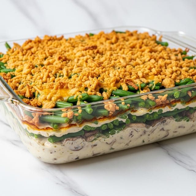 A glass rectangular baking dish on a white marbled surface holds a layered green bean casserole. The bottom layer is creamy and white, visible through the glass edges. Above this, bright green beans stretch horizontally, partly covered by a thick, melted cheese layer that is golden yellow and slightly browned in spots. The top layer is a generous sprinkle of crispy fried onions, golden brown and textured, spread evenly across the casserole. The dish is placed on a black stove with a blurred kitchen background. Photo taken with an iphone --ar 4:5 --v 7