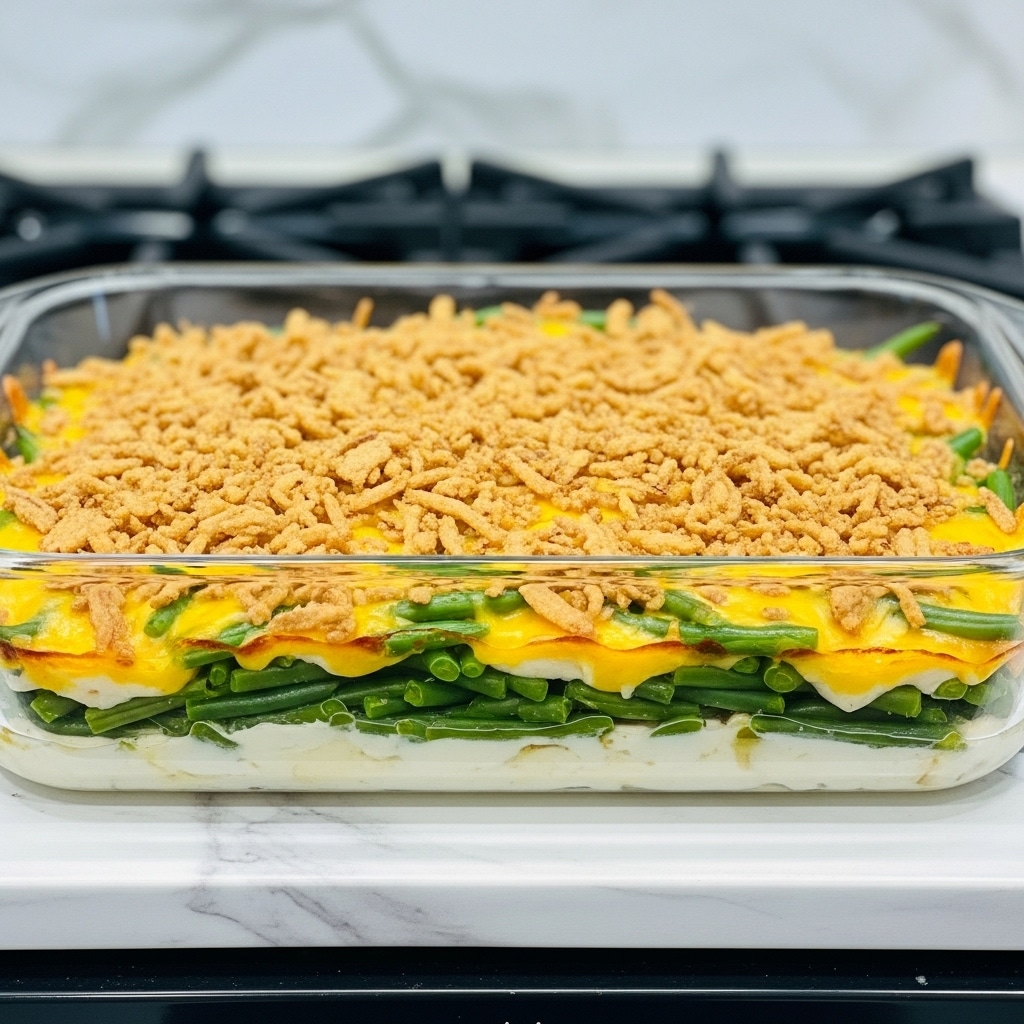 A rectangular glass baking dish filled with a layered green bean casserole is shown on a white marbled surface. The dish has about three visible layers: the bottom is covered with a thick creamy white sauce mixed with bits of mushroom, the middle layer has bright green beans arranged in rows, and the top layer is a golden brown crust made of crispy fried onions and melted cheese, giving it a crunchy texture. The edges of the baking dish have baked-on sauce marks, showing it just came from the oven. The background is blurred, focusing on the casserole. Photo taken with an iphone --ar 4:5 --v 7
