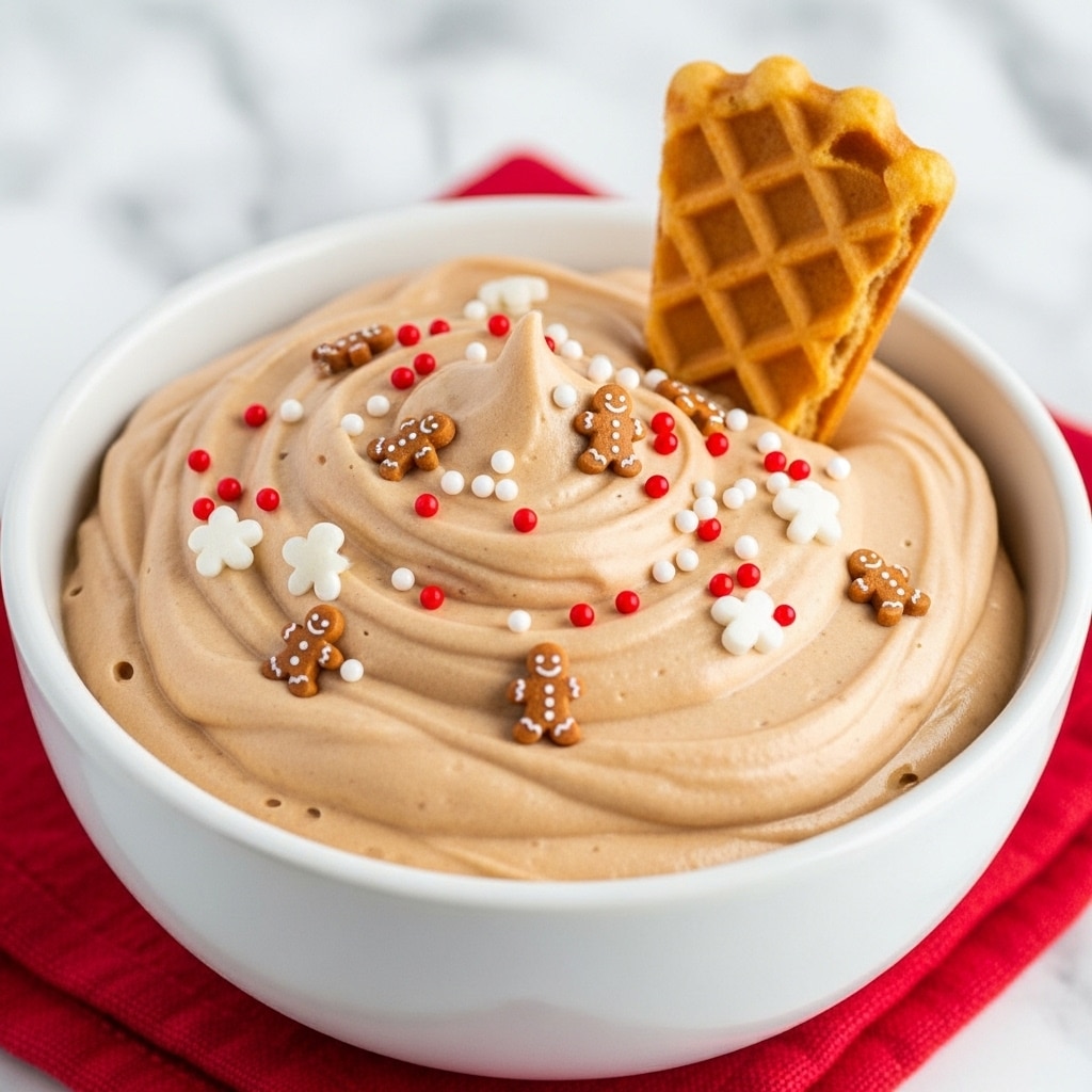 A close-up of a white bowl filled with thick, creamy light brown mousse topped with small red, white, and gingerbread man-shaped sprinkles; a broken waffle piece is partially inserted vertically on one side of the mousse. The bowl sits on a red cloth on a white marbled surface. The mousse has a smooth texture with a few swirls at the top. Photo taken with an iphone --ar 4:5 --v 7