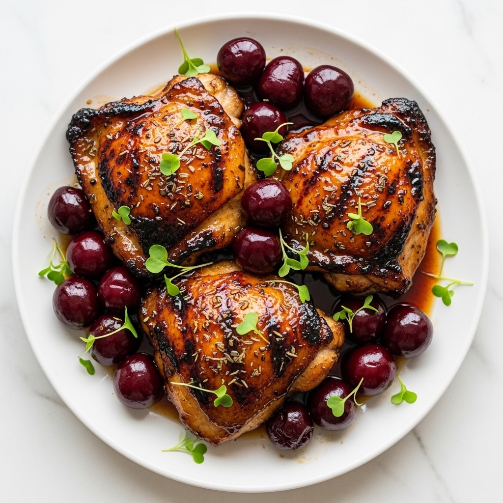 A white plate holds three glossy, amber-brown grilled chicken thighs, each glazed with a shiny dark cherry sauce. The chicken skin looks tender and slightly charred with herbs sprinkled over the top. Whole dark red cherries sit on and around the chicken, some glistening with sauce. Small green herb leaves are scattered generously, adding fresh color contrast. The plate rests on a white marbled surface, enhancing the rich colors of the dish. photo taken with an iphone --ar 4:5 --v 7